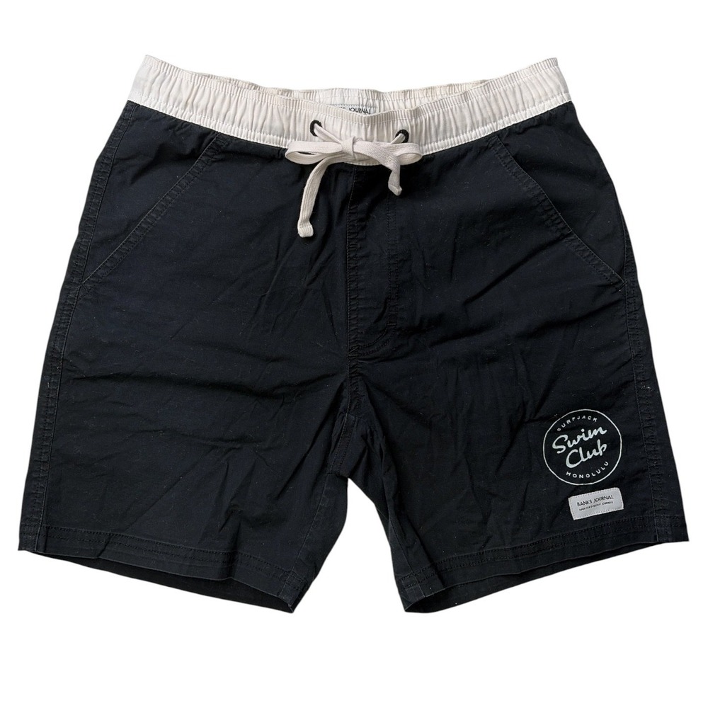 Banks Journal Surfjack Swim Club Honolulu Shorts Black White Mens 28 Drawstring